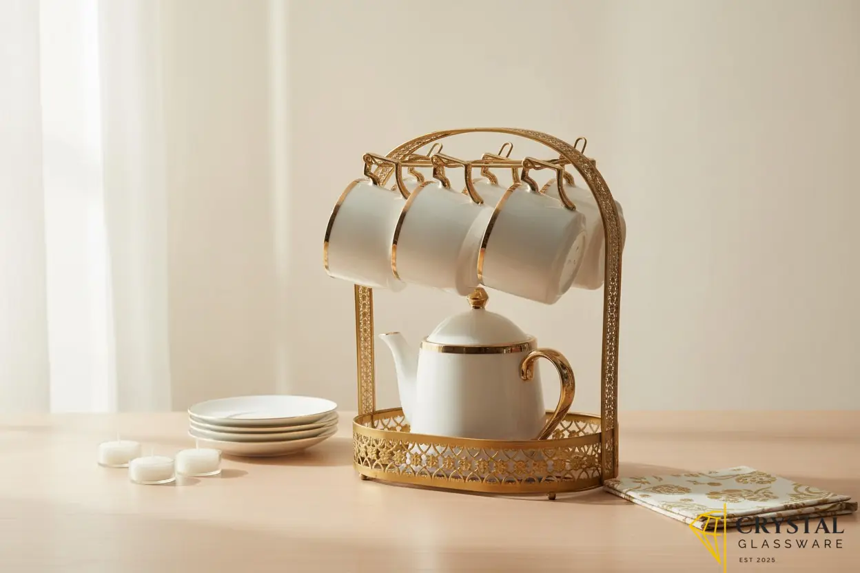 Fine Ceramic Tea Pot Set Luxury Porcelain Tea Set with Metal Holder — Crystal Glassware Pakistan
